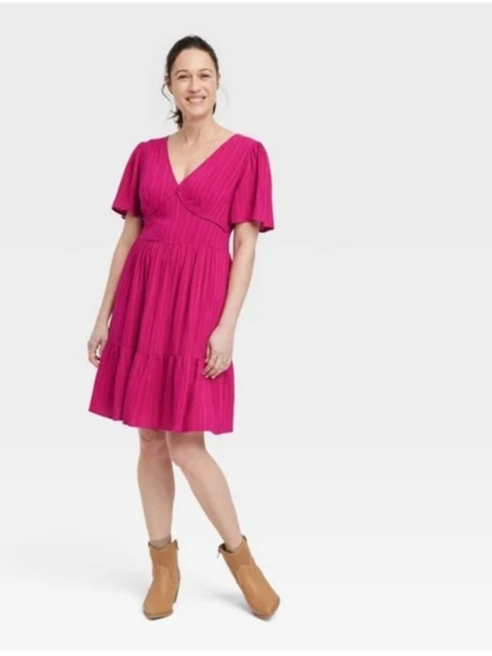 Knox Rose Fuchsia V‑Neck Flutter Sleeve Dress